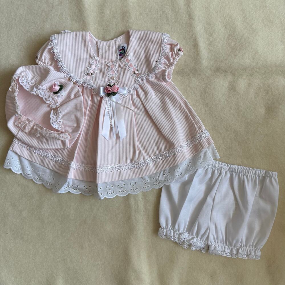 Vintage 90's 3-Piece Bloomers Set Girls 6M Flowers Pink White Bows Hat